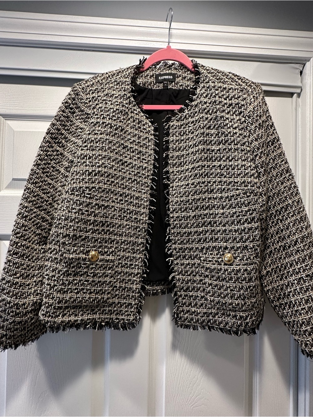 Express Black and White Tweed Cropped Blazer with Gold Buttons NWOT